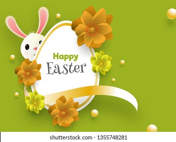 Stylish text of Happy Easter decorated with realistic flowers and egg and cute bunny on green shiny background for banner or poster design.