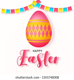 Stylish text of Happy Easter on white background with eggs and bunting decoration Easter Party Celebration poster or greeting card design.