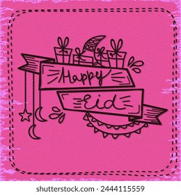Stylish text Happy Eid on ribbon with different elements, Elegant Greeting Card design for Muslim Community Festival celebration.