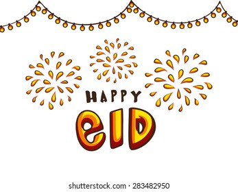 Stylish text Happy Eid on fireworks decorated background, can be used as poster, banner or flyer design for Muslim community festival celebration.