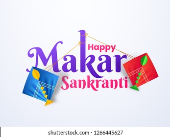 Stylish text Happy Makar Sankranti with realistic kites on white background. Can be used as banner or greeting card design.