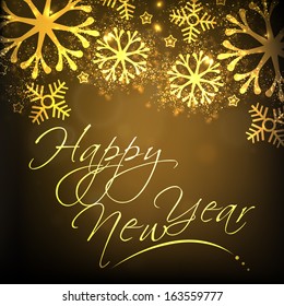 Stylish text Happy New Year 2014 celebration poster, banner, invitation or flyer on shiny snowflakes decorated brown background.