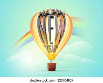 Stylish text Happy New Year on hot air balloon with rainbow on nature view background.