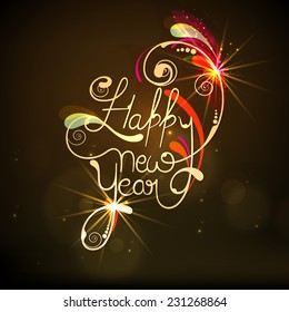 Stylish text Happy New Year decorated with beautiful floral design on shiny brown background, Can be used as poster, banner or flyer.