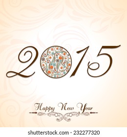 Stylish text of Happy New Year 2015 with beautiful X-mas ball on floral decorated background.