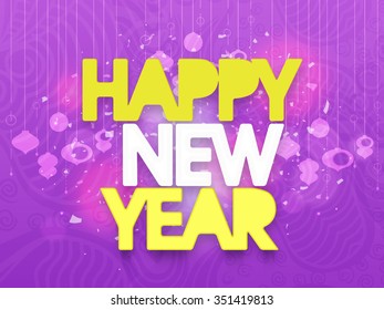 Stylish text Happy New Year on hanging Xmas Balls and floral decorated background, can be used as Poster, Banner or Flyer design.