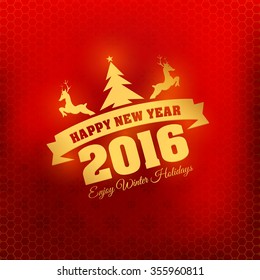 Stylish Text Happy New Year 2016 Badge, Red Colors Blurred Background, Web Banner, Greeting Cards Template