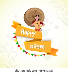 Texto elegante Happy Onam na fita amarela com ilustração de menina jovem para a celebração do Festival do Sul da Índia.