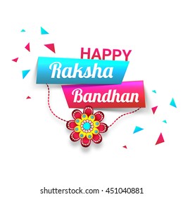 Stylish Text Happy Raksha Bandhan on glossy paper banners with Beautiful Rakhi, Elegant Greeting Card design for Indian Festival of Brothers and Sisters celebration.