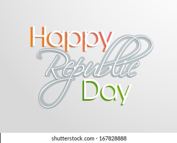 Stylish text Happy Republic Day in national tricolour flag on grey background. 