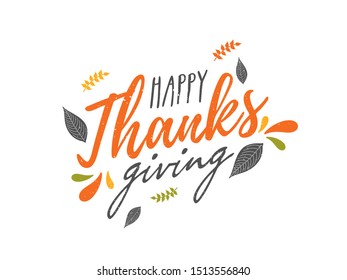Stylish text of Happy Thanksgiving decorated with leaves on white background.