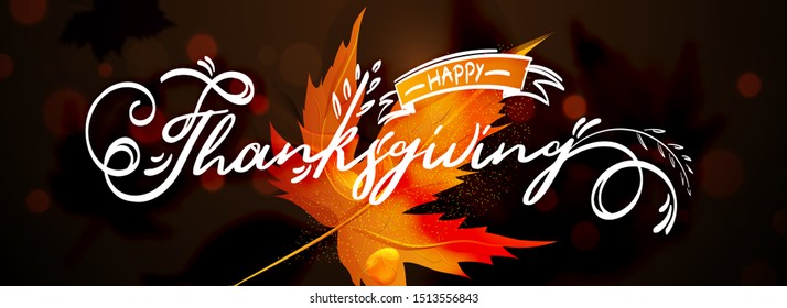 Stylish text of Happy Thanksgiving on maple leaf and brown bokeh effect background. Can be used as header or banner design.