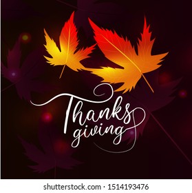 Stylish text of Happy Thanksgiving on maple leaf and dark bokeh effect background. Can be used as header or banner design.