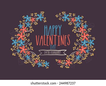 Stylish text Happy Valentines Day with flowers decoration on purple background, can be used as poster or banner design.