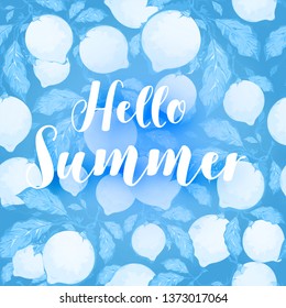 Texto elegante Hola verano sobre fondo azul fresco sin fisuras con limones y hojas textura de impresión.