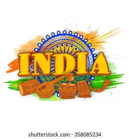 Stylish text India with musical instruments on Ashoka Wheel and National Flag colour paint stroke background for Happy Indian Republic Day celebration.