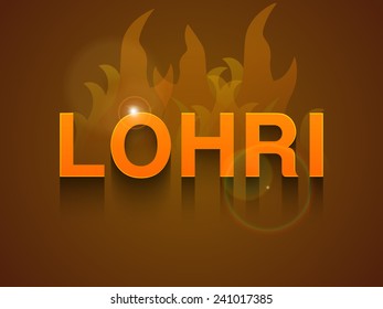 Stylish text Lohri with fire flame on shiny brown background, can be used as poster or banner design.
