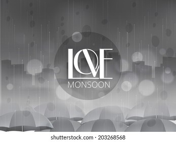 Stylish text Love Monsoon on a glass, Heavy rain falling background. 