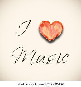 Stylish text of I Love Music with heart shape on beige color background.