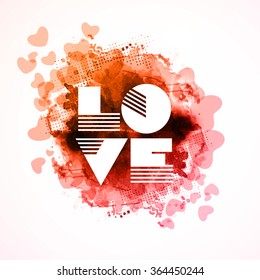 Stylish text Love on color splash and hearts decorated abstract background for Happy Valentine's Day celebration.