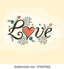 Stylish text Love on colorful floral design decorated background for Happy Valentine's Day celebration.