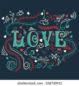 Amor de texto elegante no fundo decorado floral para a celebração do Dia dos Namorados, ilustração de vetor estilo Doodle.