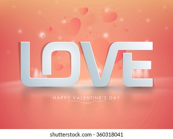 Stylish text Love on hearts decorated glossy background for Happy Valentine's Day celebration.