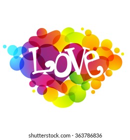 Stylish text Love on hearts decorated colorful abstract background for Happy Valentine's Day celebration.