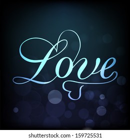 Stylish text Love on shiny blue background. 