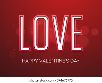 Stylish text Love on shiny red elegant background for Happy Valentine's Day celebration.
