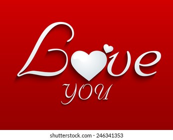 Stylish text Love You on bright red background for Happy Valentines Day celebration.