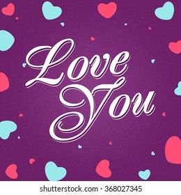 Stylish text Love You on hearts decorated vintage purple background for Happy Valentine's Day celebration.