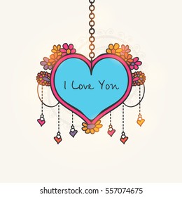 Stylish Text I Love You on floral design decorated creative hanging Heart for Happy Valentine's Day Celebration.