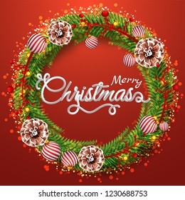 Stylish text Merry Christmas with christmas wreath decorated on red background. Can be used as greeting card design.