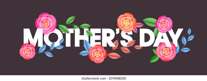 Stylish text Mother's Day decorated with beautiful flowers on brown background. Web banner design.
