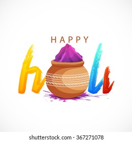 stylish text  with mud pots with full of colours on white background for indian color festival Happy Holi.