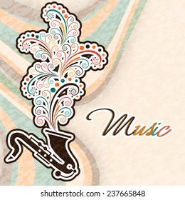 Stylish text of Music with floral design coming out from saxophone on stylish grungy background.