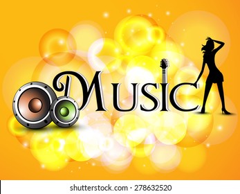 Stylish text of Music with speakers and silhouetter of a young girl on stylish shiny orange background.