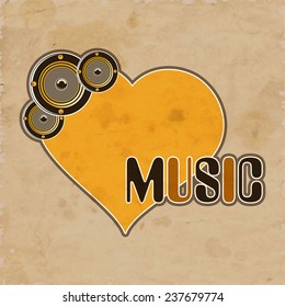 Stylish text of Music with yellow heart shape and speakers on grungy background.