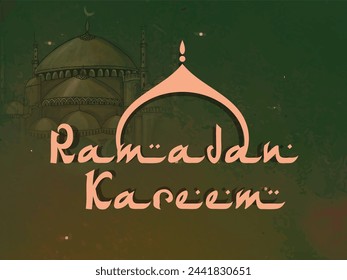 Stylish text Ramadan Kareem with mosque on grungy background for islamic holy month of prayer celebration.