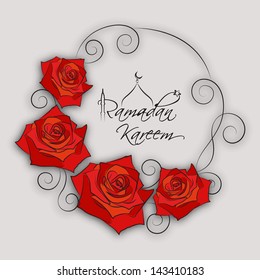 Stylish text Ramadan Kareem on red roses decorated background.