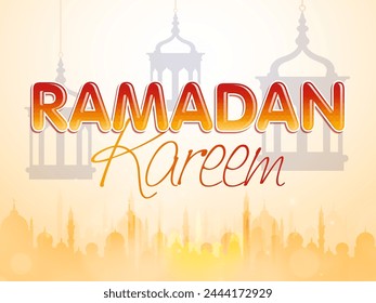 Stylish text Ramadan Kareem on hanging lanterns and mosque silhouette decorated background for Islamic holy month of prayers, celebration.