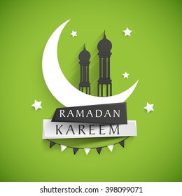 Stylish text Ramadan Kareem on paper tags with glossy crescent moon and mosque on stars decorated shiny green background for Islamic Holy Month celebration.