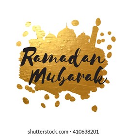 Stylish text Ramadan Kareem on golden paint stroke and Mosque decorated background for Islamic Holy Month of Prayers celebration.