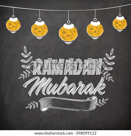 Stylish text Ramadan Mubarak with hanging lanterns created by chalk on blackboard background for Holy Month of Muslim Community celebration.
