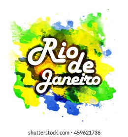 Texto elegante Río de Janeiro sobre fondo abstracto de colores de la bandera brasileña, se puede usar como afiche, pancarta o diseño de volante para el concepto de deportes.