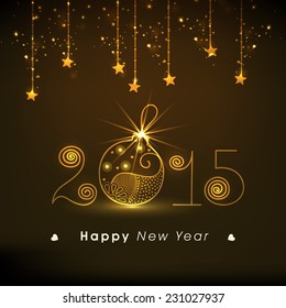 Stylish text with shiny Christmas ball on hanging stars decorated brown background for Happy New Year 2015 celebrations.