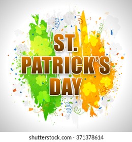 Stylish text St. Patrick's Day on Irish Flag color paint strokes and Shamrock leaves decorated background.