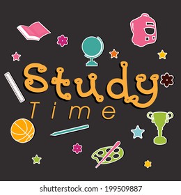Stylish text Study Time on kiddish study symbols grey background. 