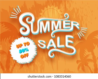 Stylish text Summer sale, plam trees on orange background. Flat 50% off offers.